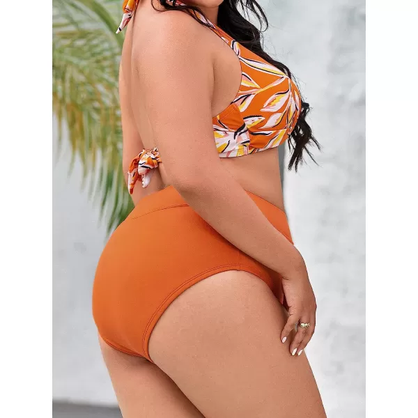 imageCUPSHE Women Swimsuit Plus Size Bikini Set High Waisted Tummy Cntrol Halter ORing Ruched Floral Bathing SuitOrange and Floral