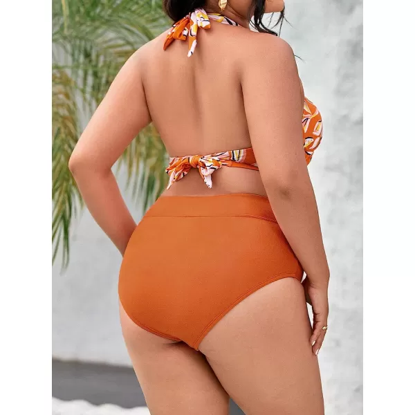imageCUPSHE Women Swimsuit Plus Size Bikini Set High Waisted Tummy Cntrol Halter ORing Ruched Floral Bathing SuitOrange and Floral