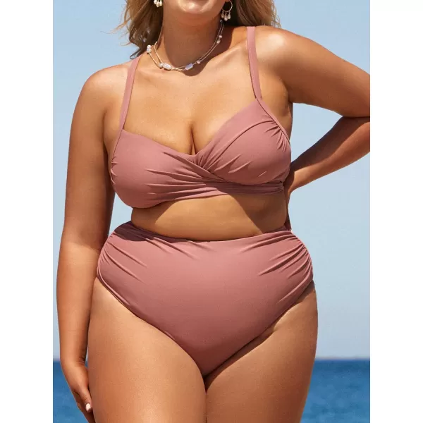 imageCUPSHE Women Swimsuit Plus Size Bikini Set High Waisted Wrapped Front Crisscross Self Tie Back FloralDusty Pink