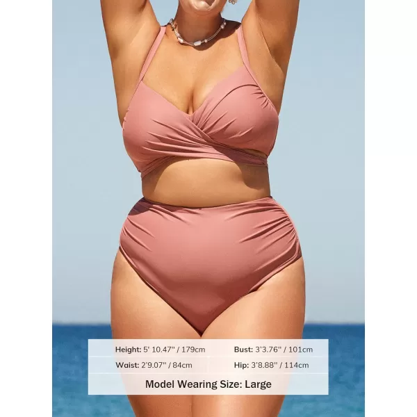 imageCUPSHE Women Swimsuit Plus Size Bikini Set High Waisted Wrapped Front Crisscross Self Tie Back FloralDusty Pink