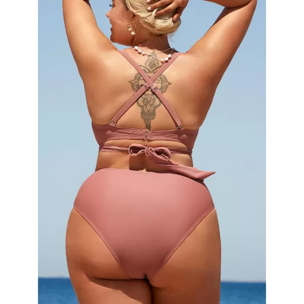 imageCUPSHE Women Swimsuit Plus Size Bikini Set High Waisted Wrapped Front Crisscross Self Tie Back FloralDusty Pink