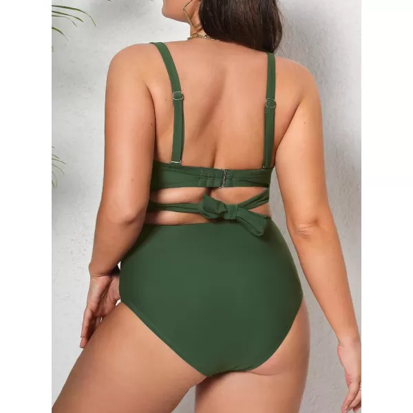 imageCUPSHE Women Swimsuit Plus Size Bikini Set High Waisted Wrapped Front Self Tie Back Knotted BottomArmy Green