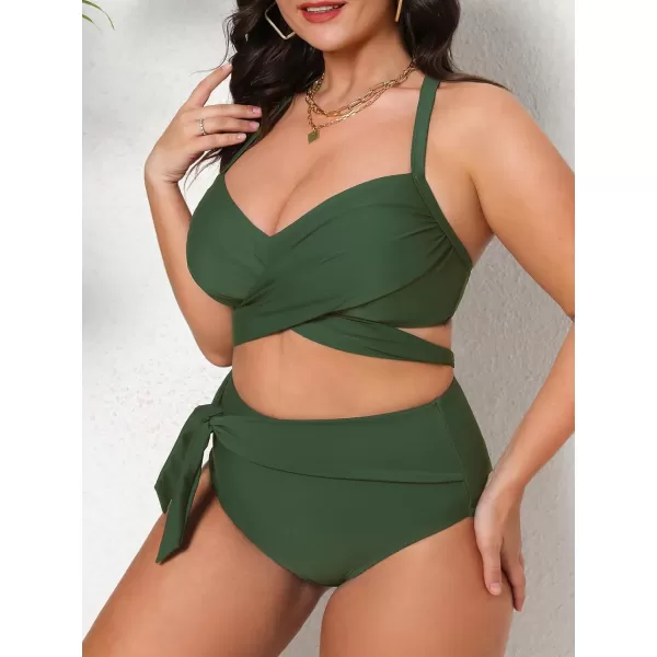 imageCUPSHE Women Swimsuit Plus Size Bikini Set High Waisted Wrapped Front Self Tie Back Knotted BottomArmy Green