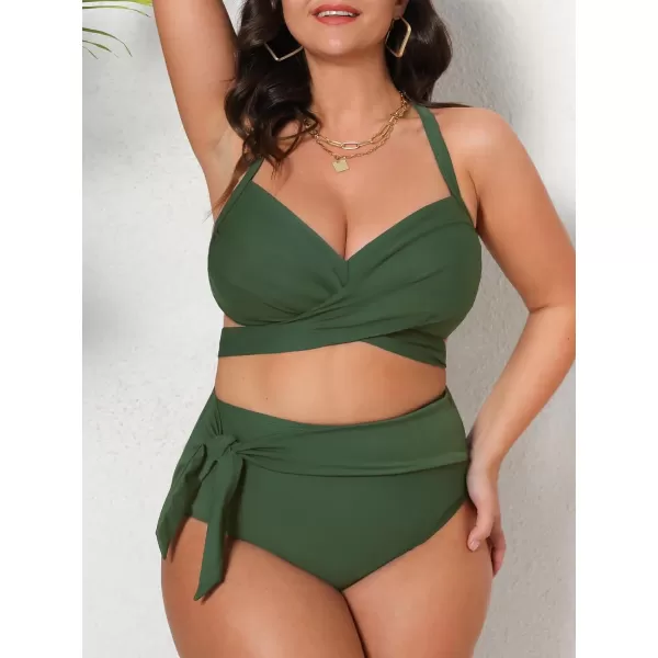 imageCUPSHE Women Swimsuit Plus Size Bikini Set High Waisted Wrapped Front Self Tie Back Knotted BottomArmy Green