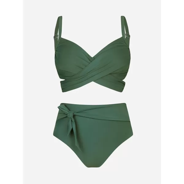 imageCUPSHE Women Swimsuit Plus Size Bikini Set High Waisted Wrapped Front Self Tie Back Knotted BottomArmy Green