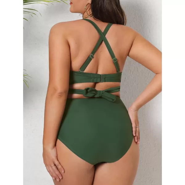 imageCUPSHE Women Swimsuit Plus Size Bikini Set High Waisted Wrapped Front Self Tie Back Knotted BottomArmy Green