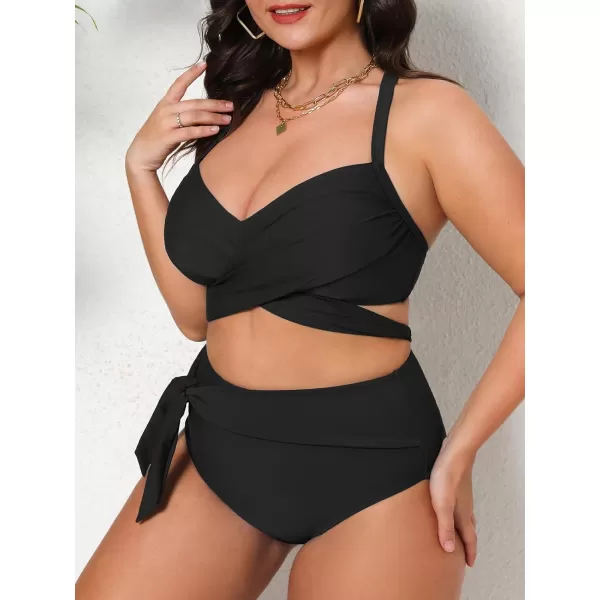 imageCUPSHE Women Swimsuit Plus Size Bikini Set High Waisted Wrapped Front Self Tie Back Knotted BottomBlack