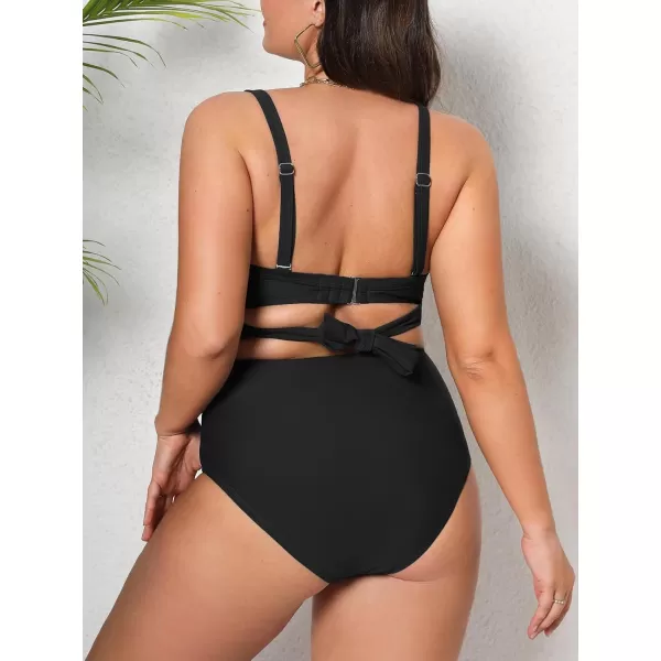 imageCUPSHE Women Swimsuit Plus Size Bikini Set High Waisted Wrapped Front Self Tie Back Knotted BottomBlack