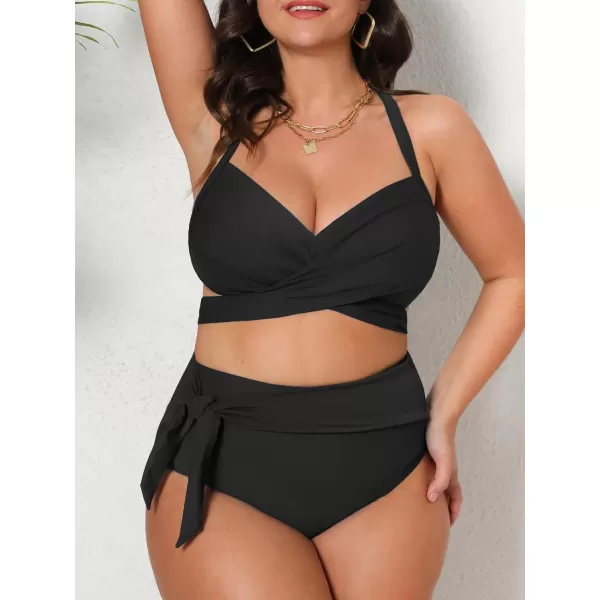 imageCUPSHE Women Swimsuit Plus Size Bikini Set High Waisted Wrapped Front Self Tie Back Knotted BottomBlack