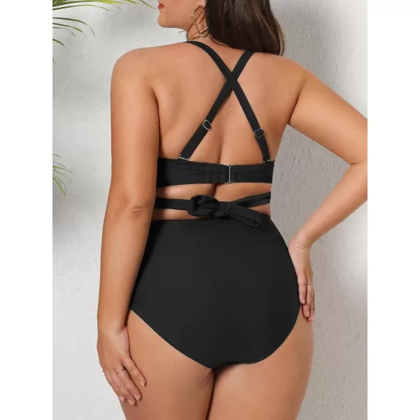 imageCUPSHE Women Swimsuit Plus Size Bikini Set High Waisted Wrapped Front Self Tie Back Knotted BottomBlack
