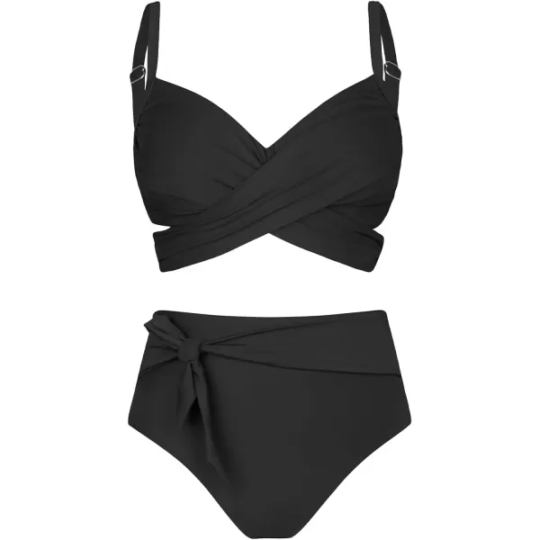 imageCUPSHE Women Swimsuit Plus Size Bikini Set High Waisted Wrapped Front Self Tie Back Knotted BottomBlack