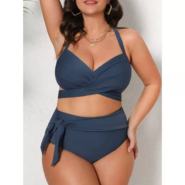 imageCUPSHE Women Swimsuit Plus Size Bikini Set High Waisted Wrapped Front Self Tie Back Knotted BottomDark Blue