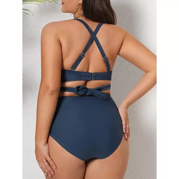 imageCUPSHE Women Swimsuit Plus Size Bikini Set High Waisted Wrapped Front Self Tie Back Knotted BottomDark Blue