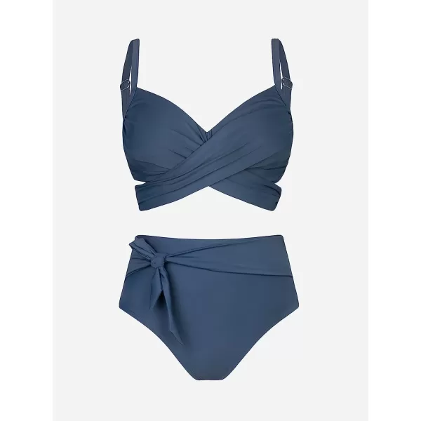 imageCUPSHE Women Swimsuit Plus Size Bikini Set High Waisted Wrapped Front Self Tie Back Knotted BottomDark Blue