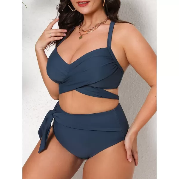 imageCUPSHE Women Swimsuit Plus Size Bikini Set High Waisted Wrapped Front Self Tie Back Knotted BottomDark Blue