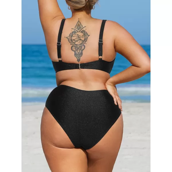imageCUPSHE Women Swimsuit Plus Size Bikini Set High Waisted Wrapped Front Shiny Fabric Bathing SuitBlack