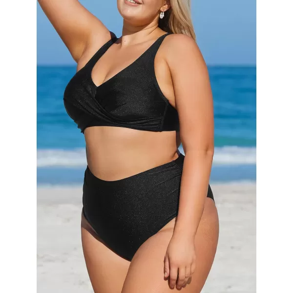imageCUPSHE Women Swimsuit Plus Size Bikini Set High Waisted Wrapped Front Shiny Fabric Bathing SuitBlack