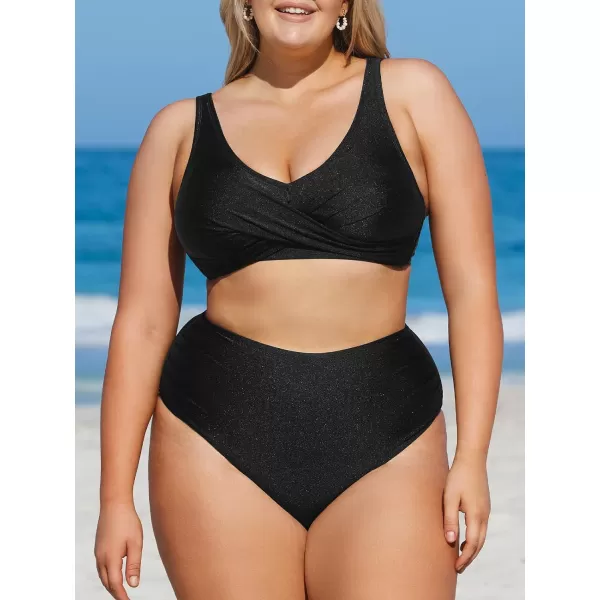 imageCUPSHE Women Swimsuit Plus Size Bikini Set High Waisted Wrapped Front Shiny Fabric Bathing SuitBlack