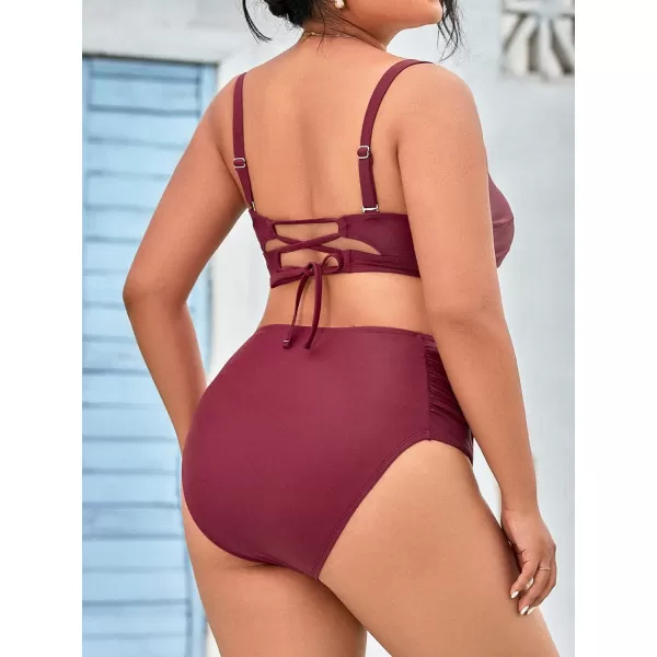 imageCUPSHE Women Swimsuit Plus Size Bikini Set Shirred Mid Rise Bottom Twist Front Removable Straps LaceUp Bathing SuitBurgundy