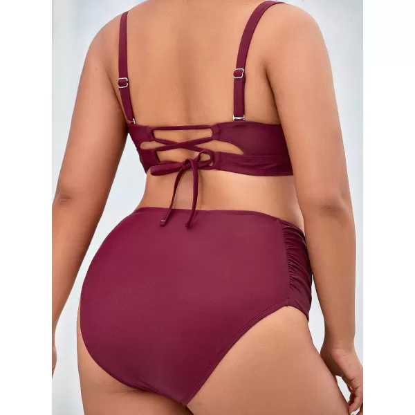 imageCUPSHE Women Swimsuit Plus Size Bikini Set Shirred Mid Rise Bottom Twist Front Removable Straps LaceUp Bathing SuitBurgundy