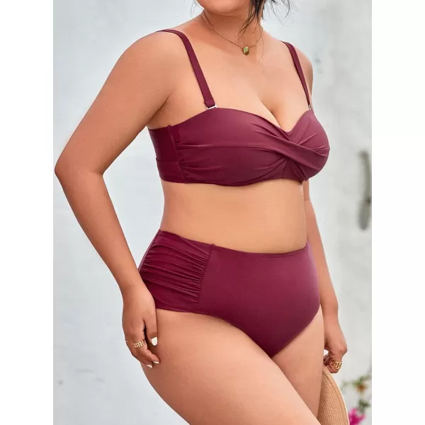 imageCUPSHE Women Swimsuit Plus Size Bikini Set Shirred Mid Rise Bottom Twist Front Removable Straps LaceUp Bathing SuitBurgundy