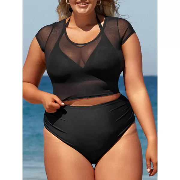 imageCUPSHE Women Swimsuit Plus Size Bikini Set Three Piece High Waisted Sheer Mesh Top Halter Ruched BottomBlack