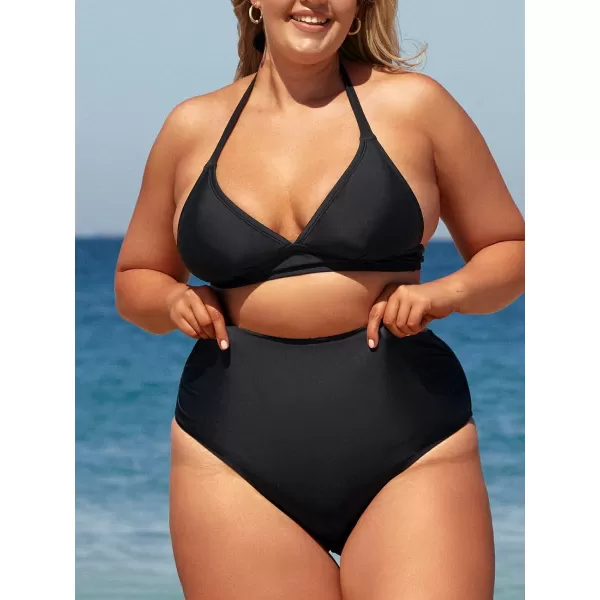 imageCUPSHE Women Swimsuit Plus Size Bikini Set Three Piece High Waisted Sheer Mesh Top Halter Ruched BottomBlack