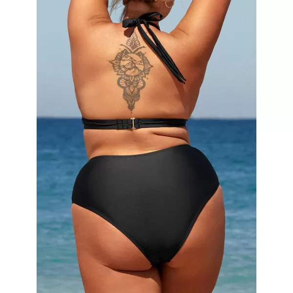 imageCUPSHE Women Swimsuit Plus Size Bikini Set Three Piece High Waisted Sheer Mesh Top Halter Ruched BottomBlack