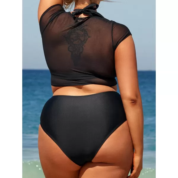 imageCUPSHE Women Swimsuit Plus Size Bikini Set Three Piece High Waisted Sheer Mesh Top Halter Ruched BottomBlack