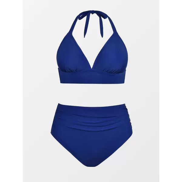 imageCUPSHE Women Swimsuit Plus Size Bikini Set Three Piece High Waisted Sheer Mesh Top Halter Ruched BottomBlue