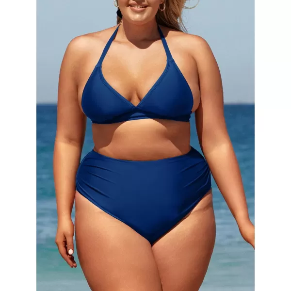 imageCUPSHE Women Swimsuit Plus Size Bikini Set Three Piece High Waisted Sheer Mesh Top Halter Ruched BottomBlue