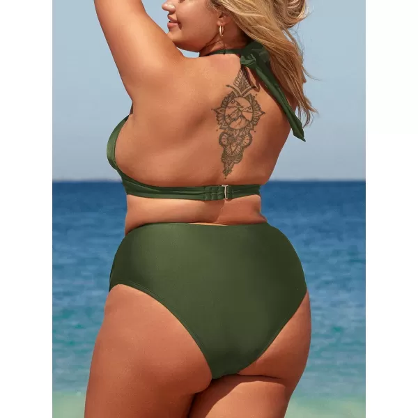imageCUPSHE Women Swimsuit Plus Size Bikini Set Three Piece High Waisted Sheer Mesh Top Halter Ruched BottomForest Green