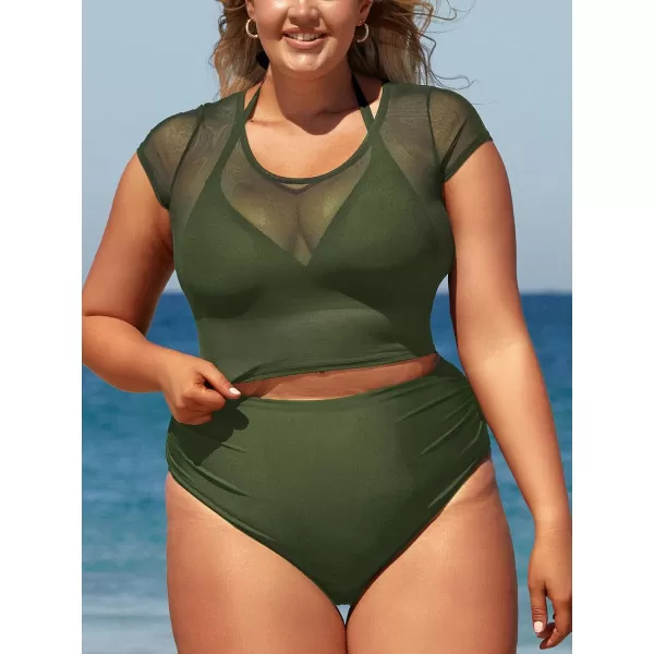 imageCUPSHE Women Swimsuit Plus Size Bikini Set Three Piece High Waisted Sheer Mesh Top Halter Ruched BottomForest Green