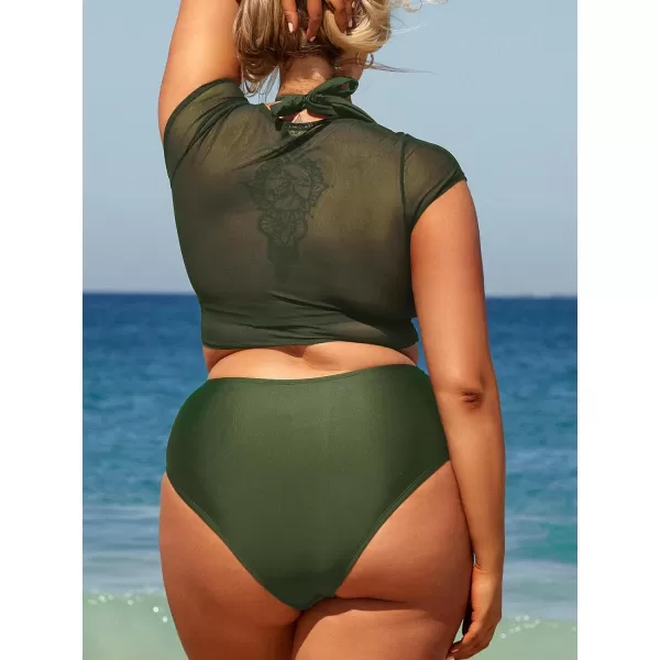 imageCUPSHE Women Swimsuit Plus Size Bikini Set Three Piece High Waisted Sheer Mesh Top Halter Ruched BottomForest Green
