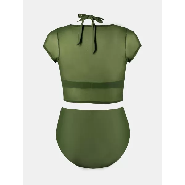 imageCUPSHE Women Swimsuit Plus Size Bikini Set Three Piece High Waisted Sheer Mesh Top Halter Ruched BottomForest Green