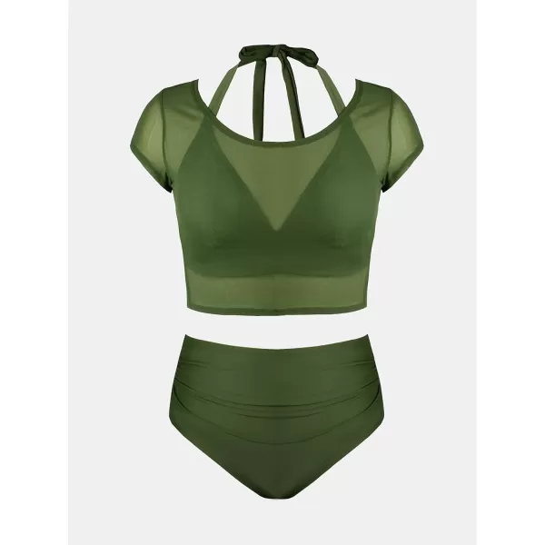 imageCUPSHE Women Swimsuit Plus Size Bikini Set Three Piece High Waisted Sheer Mesh Top Halter Ruched BottomForest Green