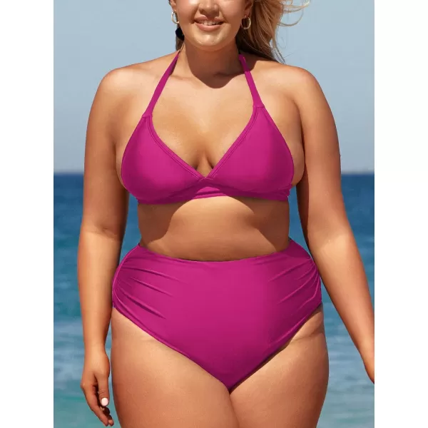 imageCUPSHE Women Swimsuit Plus Size Bikini Set Three Piece High Waisted Sheer Mesh Top Halter Ruched BottomOrchid Pink
