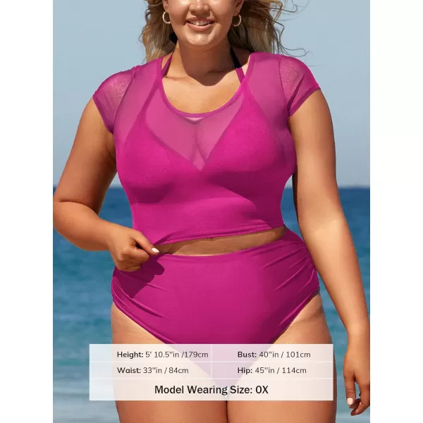 imageCUPSHE Women Swimsuit Plus Size Bikini Set Three Piece High Waisted Sheer Mesh Top Halter Ruched BottomOrchid Pink