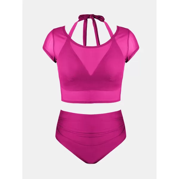 imageCUPSHE Women Swimsuit Plus Size Bikini Set Three Piece High Waisted Sheer Mesh Top Halter Ruched BottomOrchid Pink