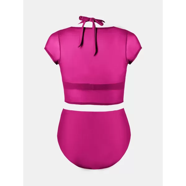 imageCUPSHE Women Swimsuit Plus Size Bikini Set Three Piece High Waisted Sheer Mesh Top Halter Ruched BottomOrchid Pink