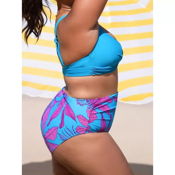 imageCUPSHE Women Swimsuit Plus Size Bikini Set Tummy Control Ruched High Waisted Crisscross Back HookBlue Floral Print
