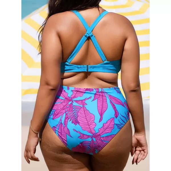 imageCUPSHE Women Swimsuit Plus Size Bikini Set Tummy Control Ruched High Waisted Crisscross Back HookBlue Floral Print