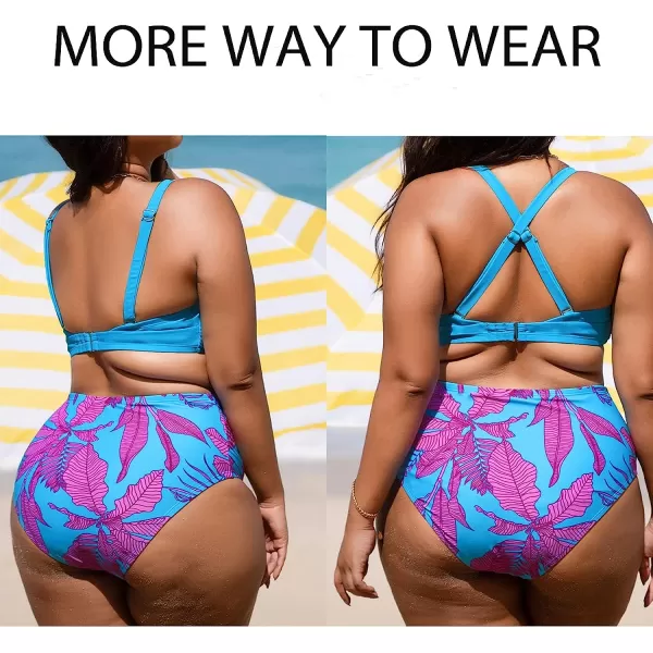 imageCUPSHE Women Swimsuit Plus Size Bikini Set Tummy Control Ruched High Waisted Crisscross Back HookBlue Floral Print