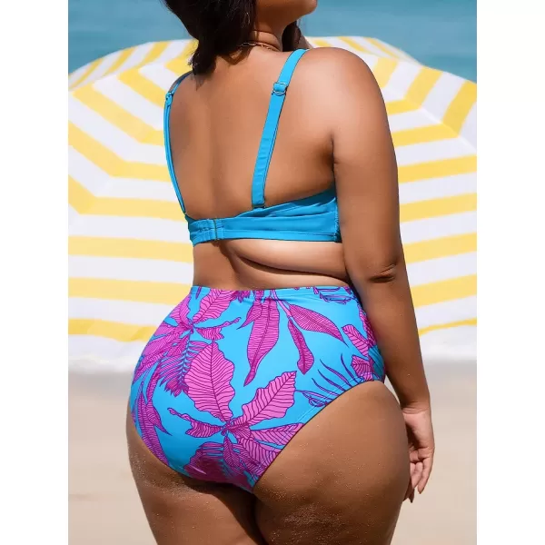 imageCUPSHE Women Swimsuit Plus Size Bikini Set Tummy Control Ruched High Waisted Crisscross Back HookBlue Floral Print