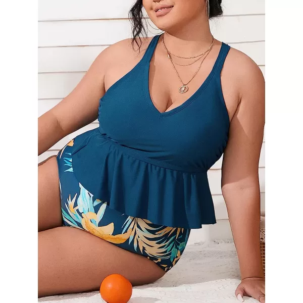 imageCUPSHE Women Swimsuit Plus Size Bikini Set Two Piece Bathing Suit High Waisted Crisscross Lace Up Back Ruffle Trim FloralIndigo Blue