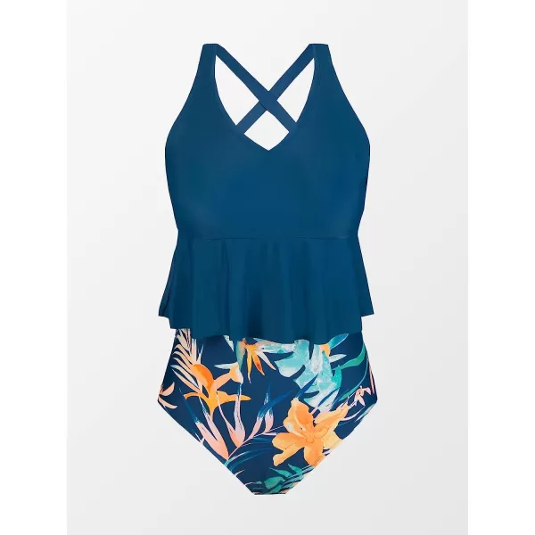 imageCUPSHE Women Swimsuit Plus Size Bikini Set Two Piece Bathing Suit High Waisted Crisscross Lace Up Back Ruffle Trim FloralIndigo Blue