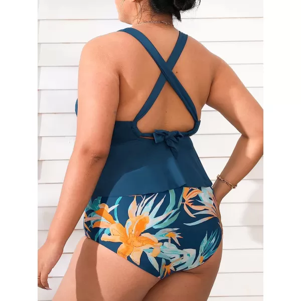 imageCUPSHE Women Swimsuit Plus Size Bikini Set Two Piece Bathing Suit High Waisted Crisscross Lace Up Back Ruffle Trim FloralIndigo Blue