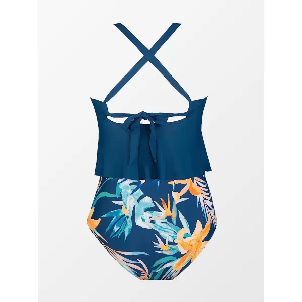 imageCUPSHE Women Swimsuit Plus Size Bikini Set Two Piece Bathing Suit High Waisted Crisscross Lace Up Back Ruffle Trim FloralIndigo Blue