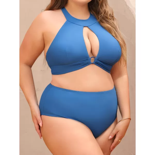 imageCUPSHE Women Swimsuit Plus Size Bikini Set Two Piece Bathing Suit High Waisted Keyhole Cutout Front Crisscross BackBlue