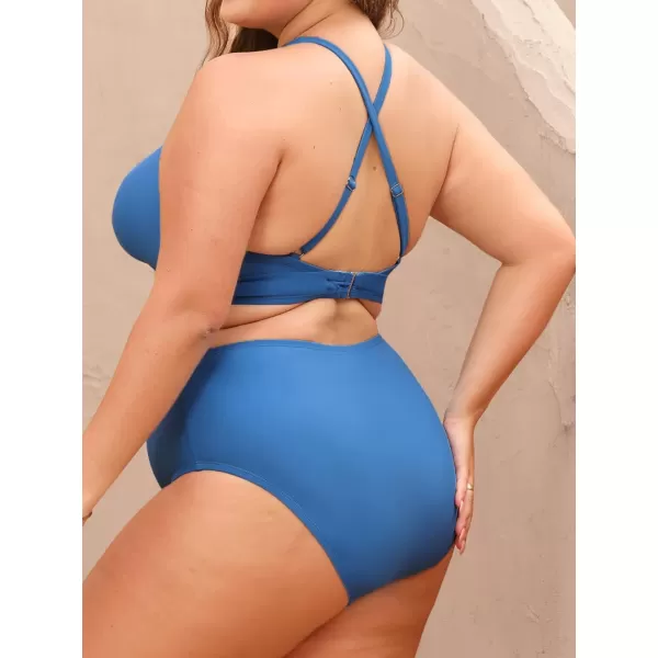 imageCUPSHE Women Swimsuit Plus Size Bikini Set Two Piece Bathing Suit High Waisted Keyhole Cutout Front Crisscross BackBlue